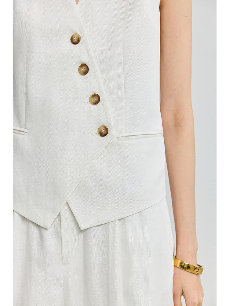 An irregular V-neck casual white vest with a breathable linen design