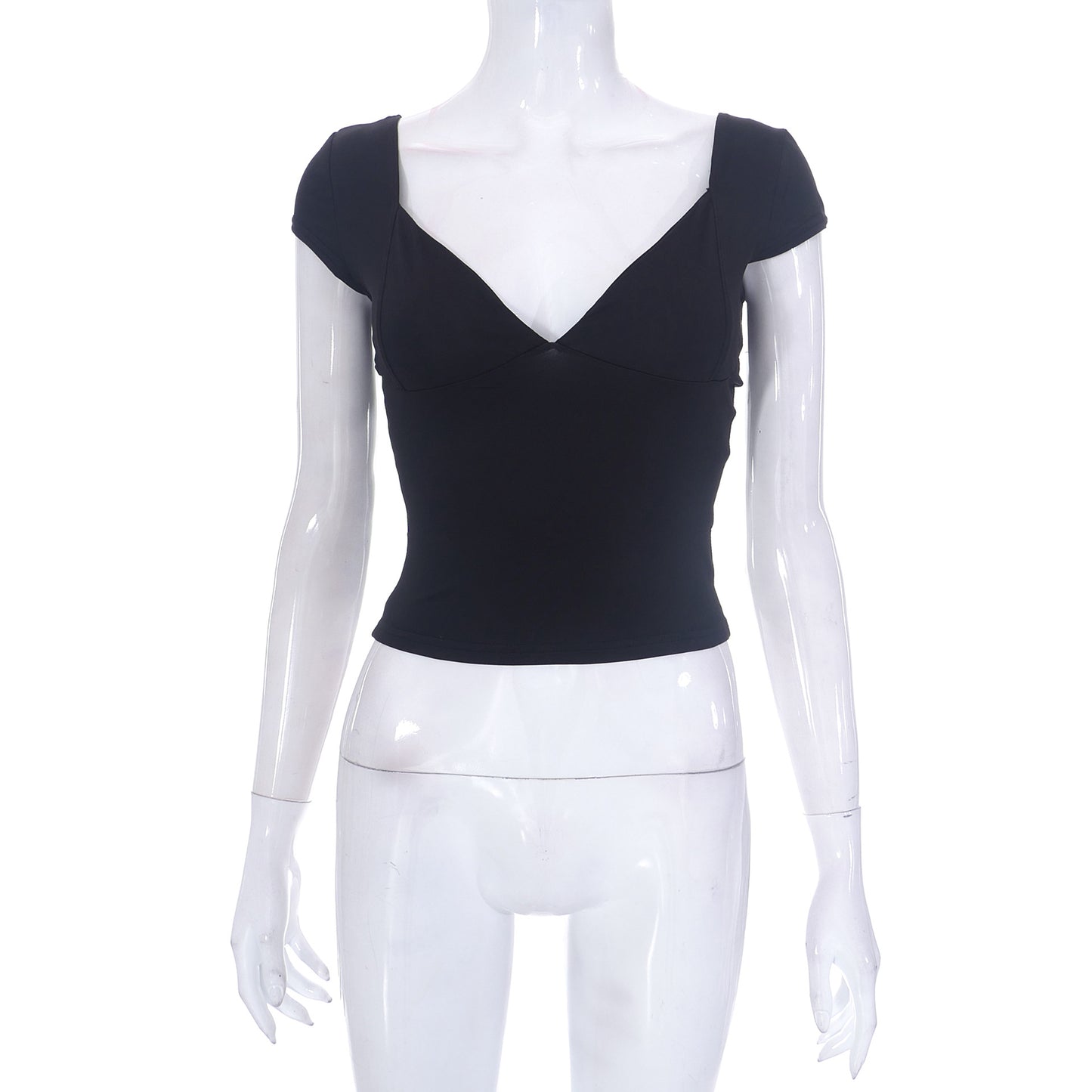 Solid-colored low-cut round-neck short-sleeved top