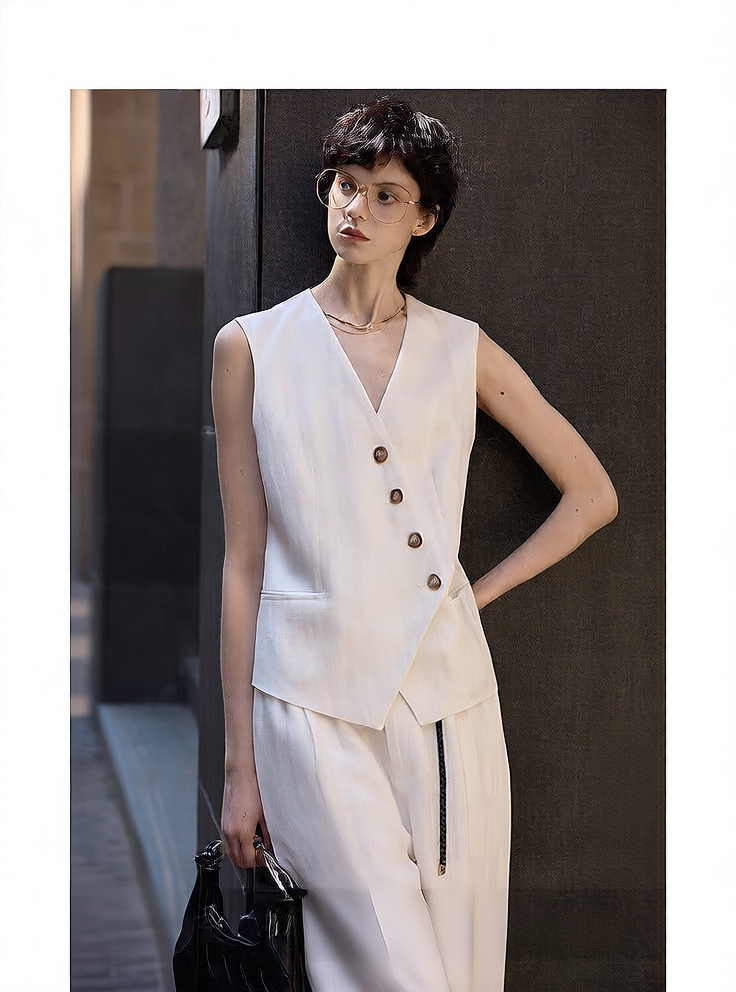 An irregular V-neck casual white vest with a breathable linen design