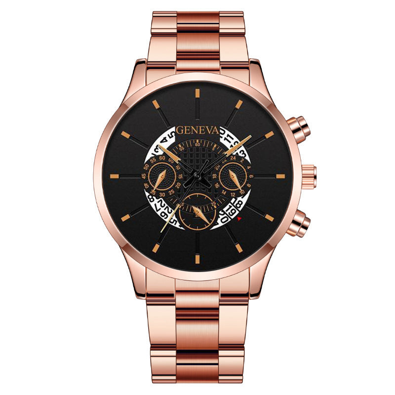 Men's Steel Band Watch Luminous Pointer Calendar Stone Hand English Watch Men's Advanced Sense Business Watch