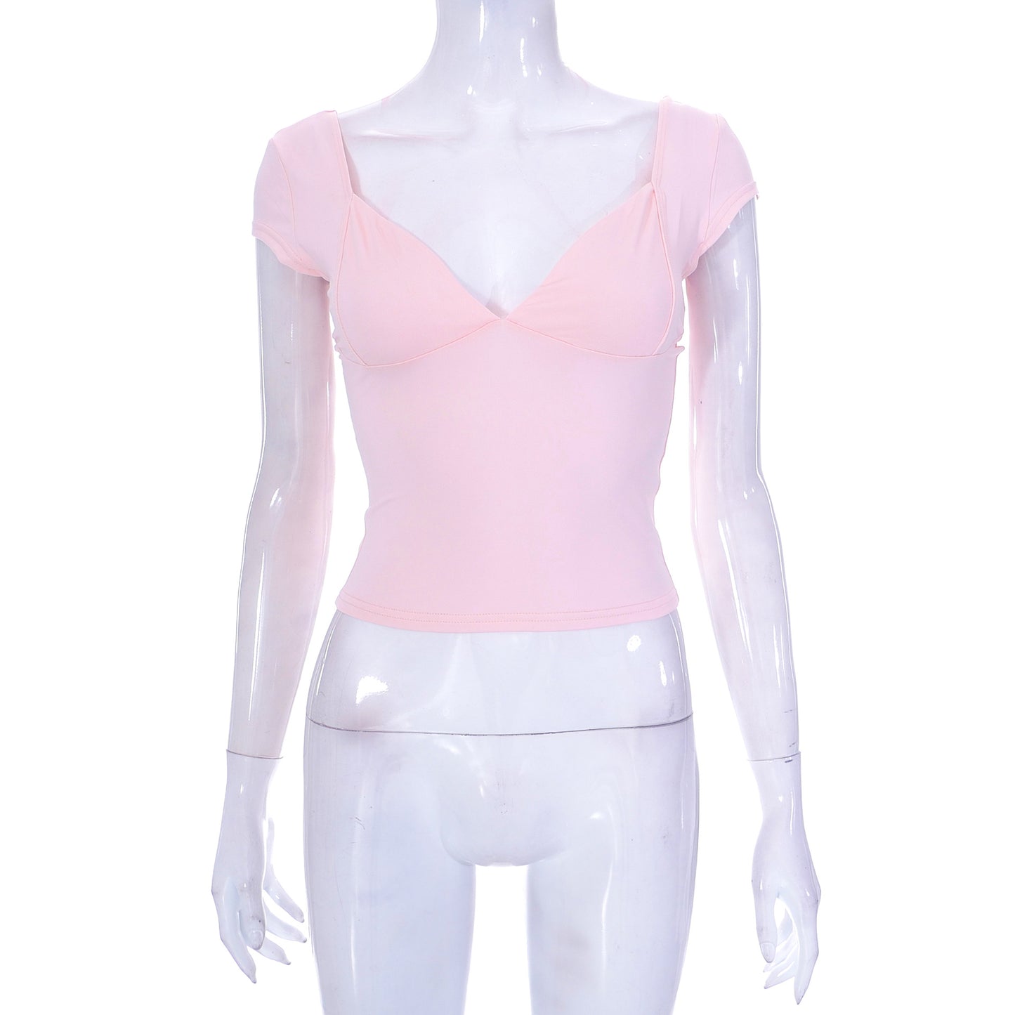Solid-colored low-cut round-neck short-sleeved top