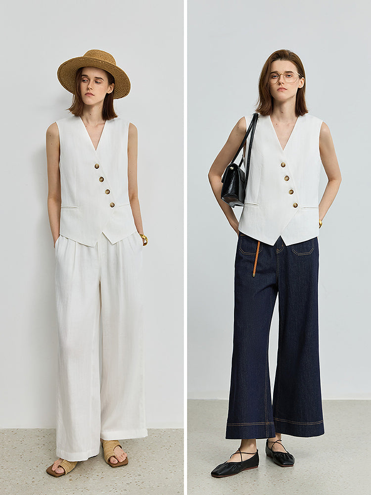 An irregular V-neck casual white vest with a breathable linen design
