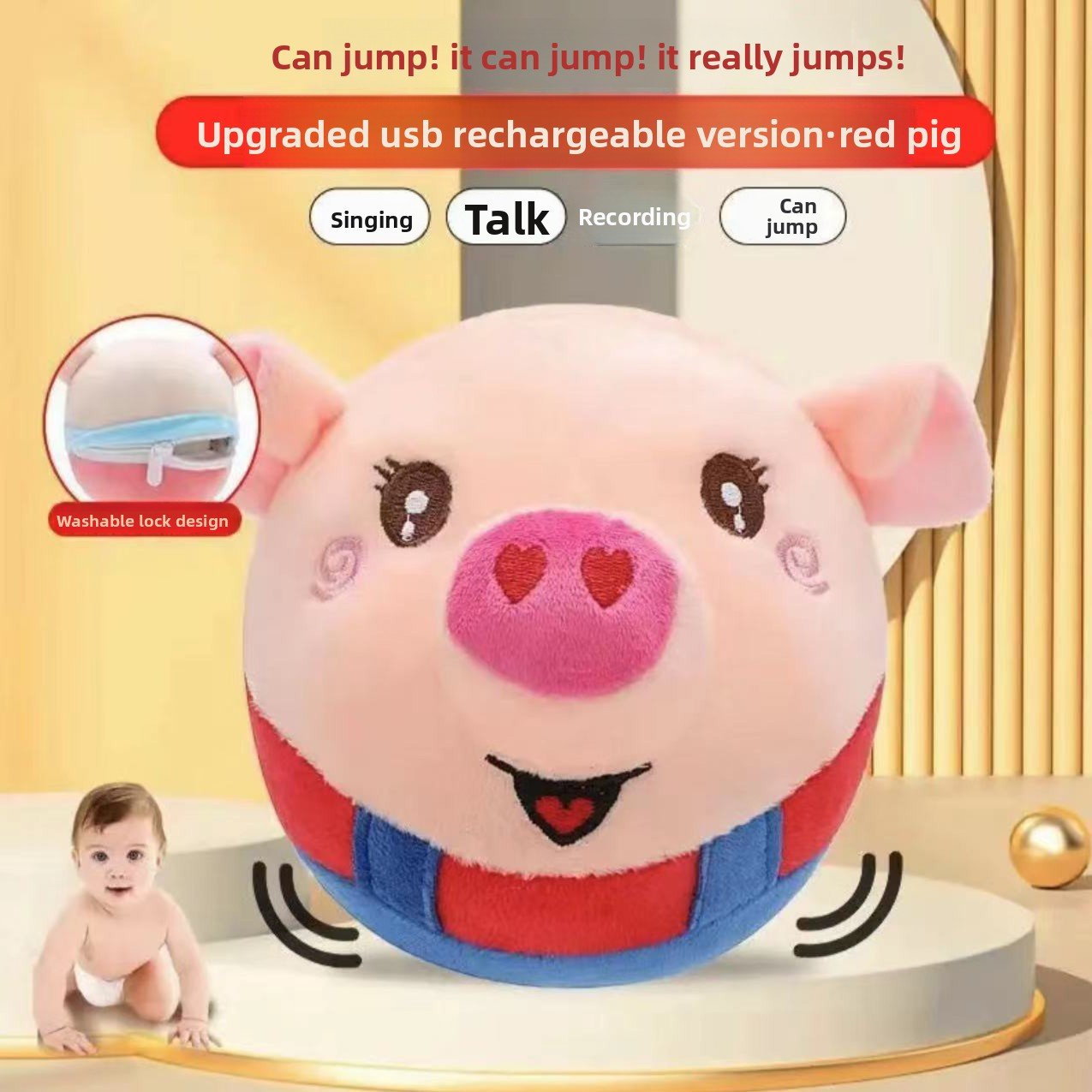 Talking Bouncing Pig Toy ? Musical Plush Ball with Detachable and Washable Cover