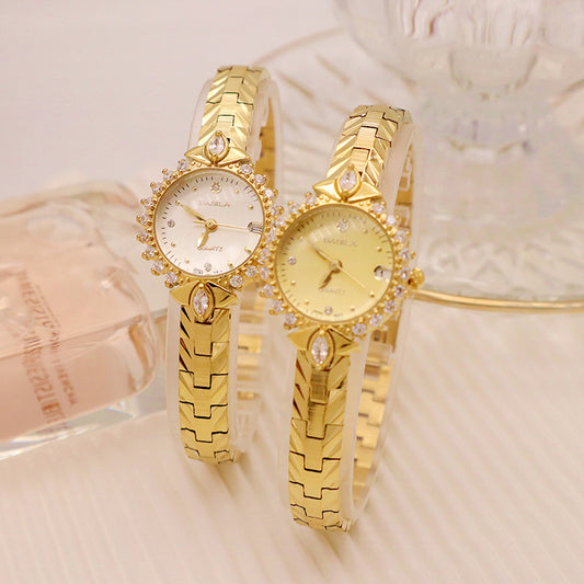 Diamond-encrusted relief bracelet, elegant quartz small gold watch
