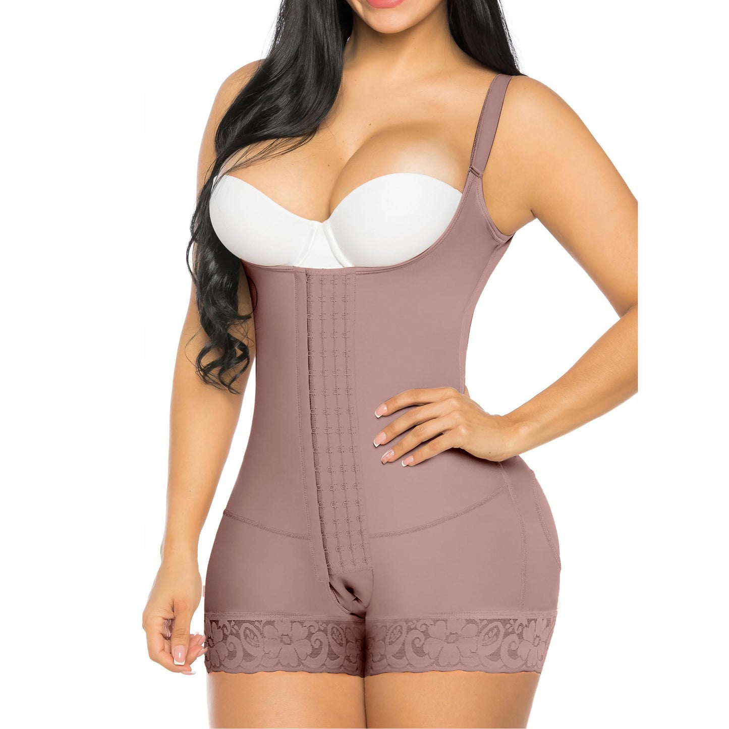 A tight-fitting and body-shaping one-piece suit for tuck in the abdomen